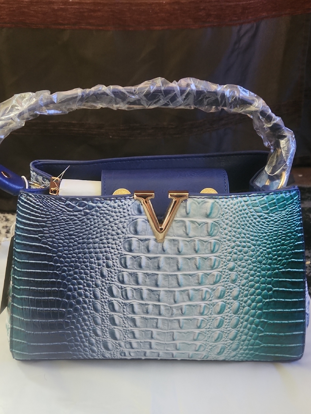 Gradient Blue Croc-Embossed Shoulder Bag with Gold V Accent